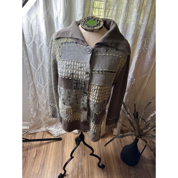 J Jill Patchwork Wool Blend Cardigan Sweater Chunky Mixed Knit Heather Pewter M - Picture 2 of 16